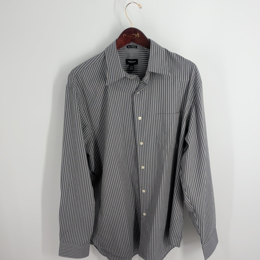 Ven Heusen Long Sleeve Striped No Iron Classic Dress Shirt White Gray Size L